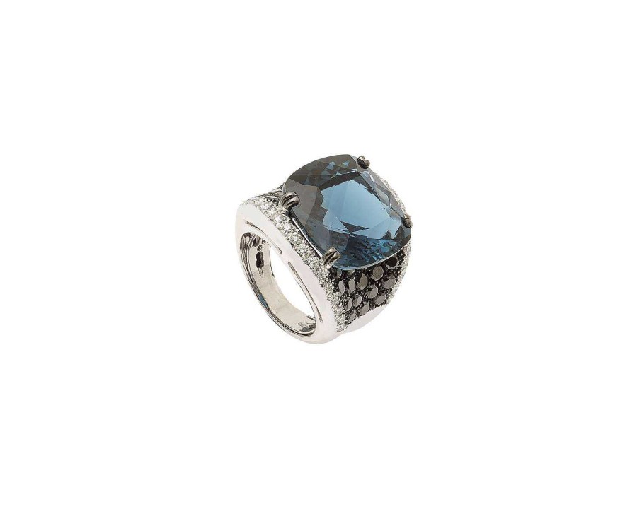 Anillos | Anillo De Oro Blanco Y Topacio Blue London Con Brillantes Negros Y Blancos