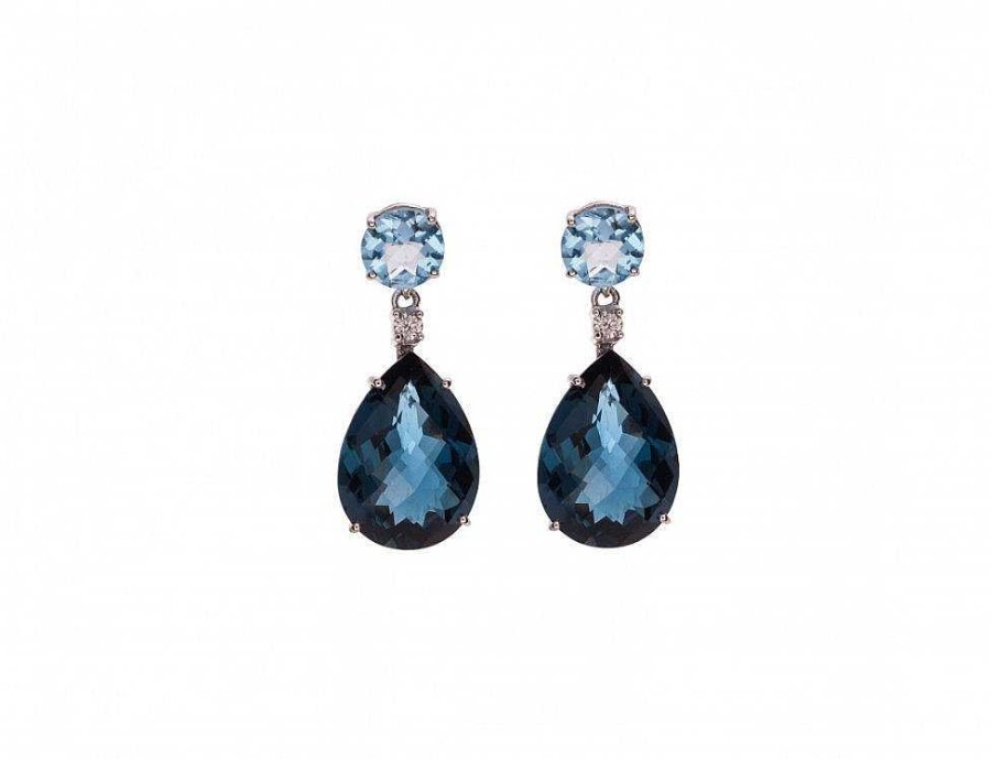 Pendientes | Pendientes De Oro Blanco, Diamantes, Topacio Azul Swiss Y Topacio Azul London