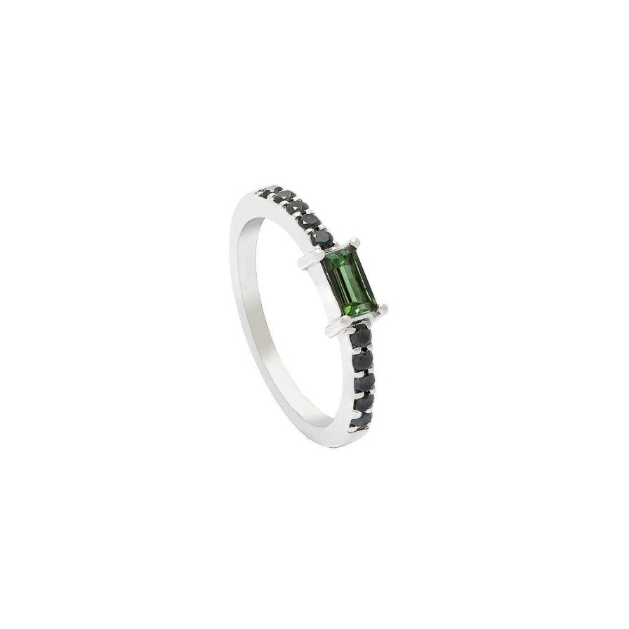 Anillos | Anillo Hada Realizado En Oro Blanco, Diamantes Negros Y Turmalina Verde.