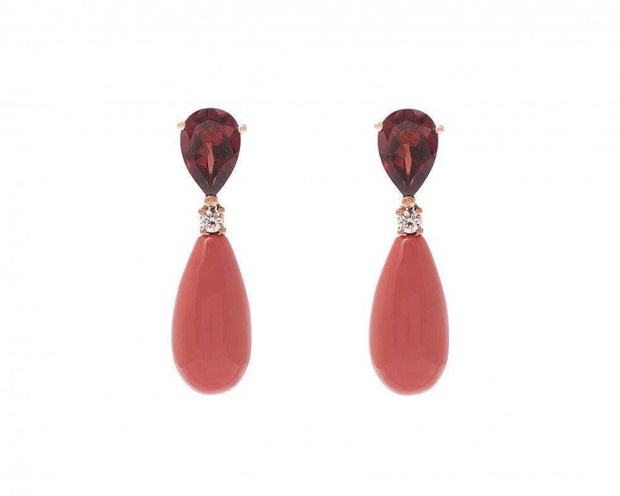 Pendientes | Pendientes Oro Rosa, Coral, Brillantes Y Granate