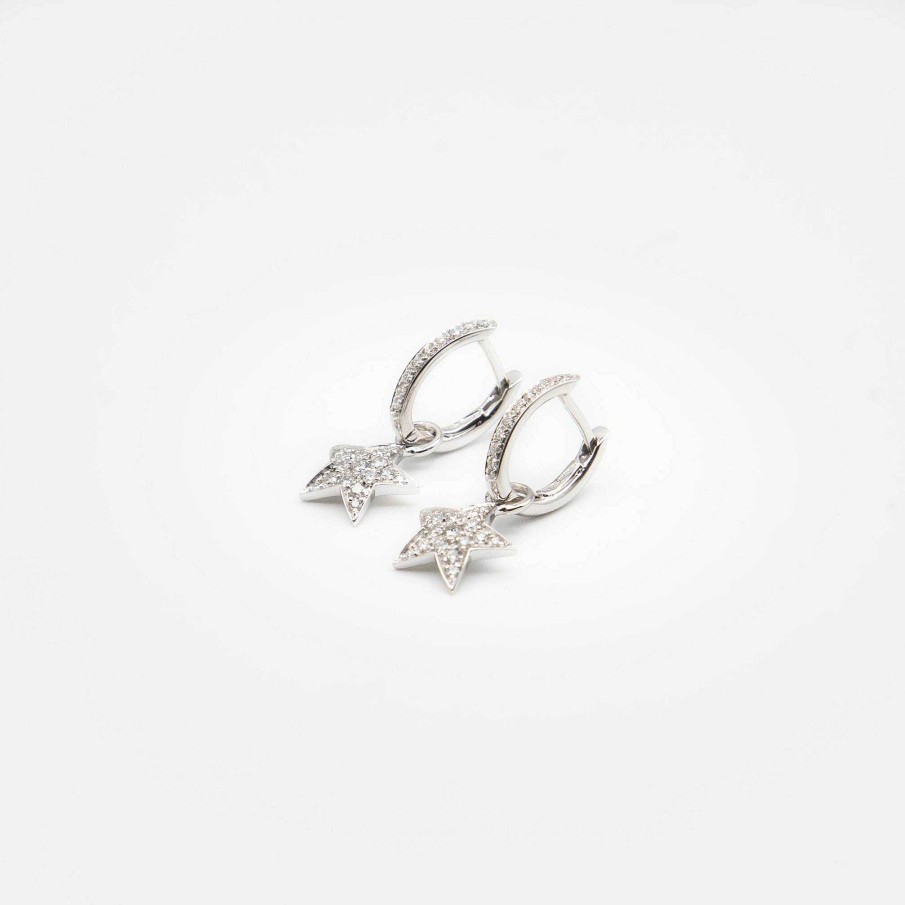 Pendientes | Pendientes Superstars En Oro Blanco Y Brillantes Tipo Argollas Con Dos Estrellas Colgando.