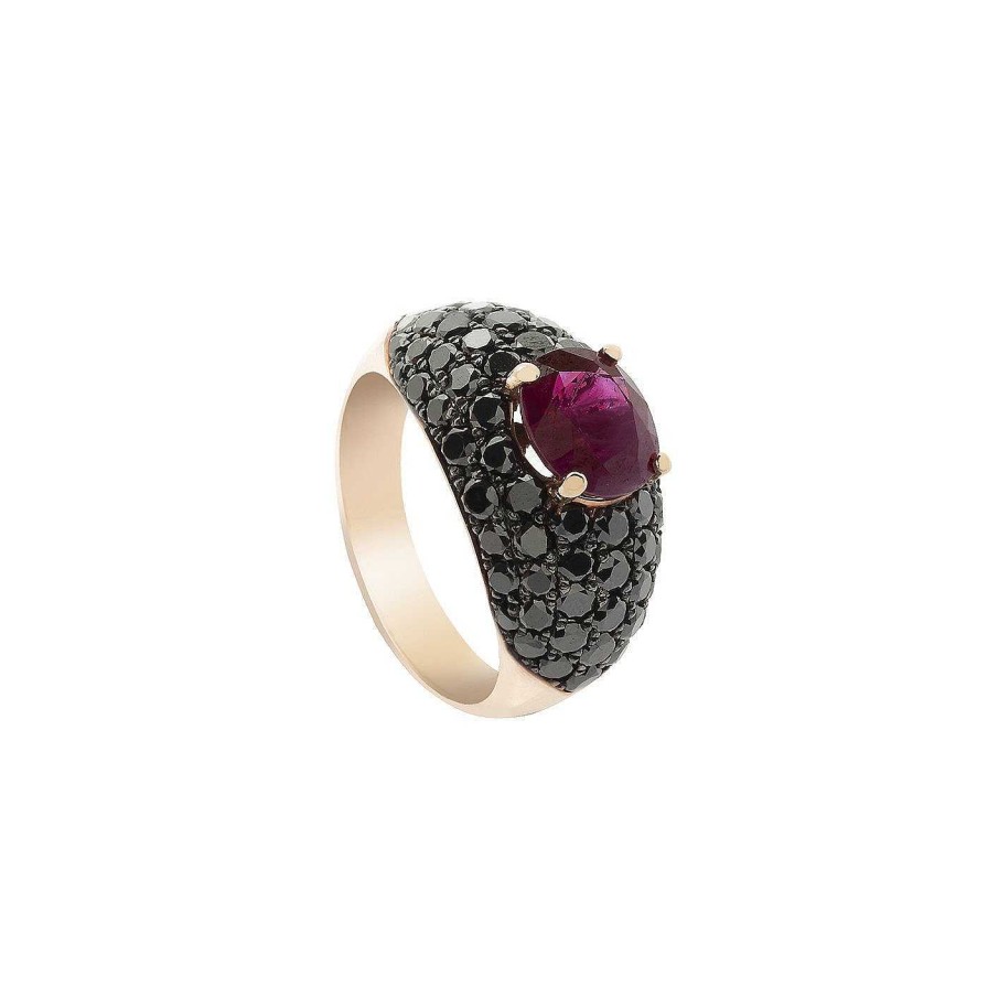 Colecciones Propias | Anillo Charlotte Realizado En Oro Rosa 18Kt, Rub Y Diamantes Negros.