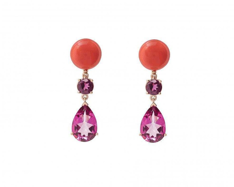 Pendientes | Pendientes Swiss Oro Rosa Coral Y Piedras Preciosas