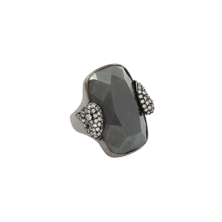 Anillos | Anillo Leyenda De Oro Blanco Rodiado En Negro, Diamante Y Hematite.