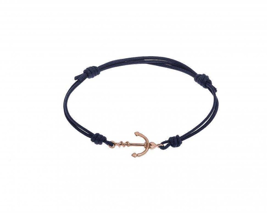 Pulseras | Pulsera De Cuero Azul Con Ancla En Oro Rosa